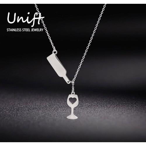 Unift Unique Novel Wine Bottle And Wine Glass Pendant Necklace Stainless Steel Heart Long Chain Choker Necklaces For Women