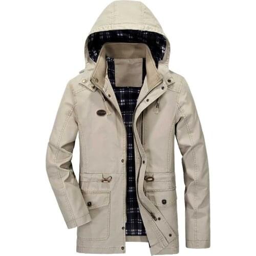 Spring Autumn Hooded Men Casual Jakcet with Lining Mid-Length Slimming Fit Korean Style Cotton Coat Windbreaker Male Trenchcoat