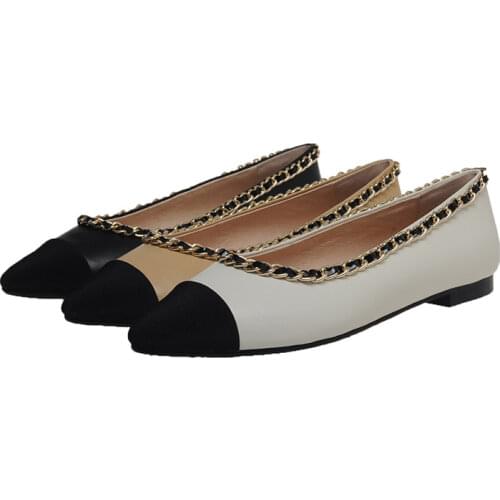 Natural Cow Leather Flat Shoes Women Mix-color Black White Nude Flats Ladies Real Leather Gold Chain Designer Shoe Woman Size 33