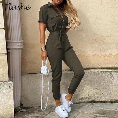 2021 Jumpsuit Women Short Sleeve Overalls Rompers Slim Turn Down Collar Office Lady Romper Summer Womens Jumpsuit Belt