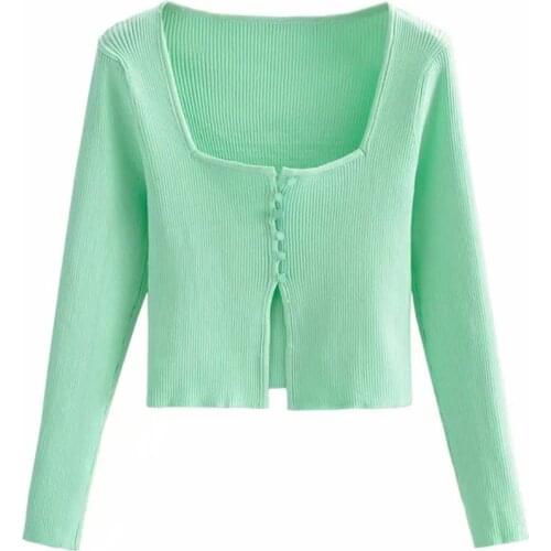 Women Fashion Button-up Cropped Knitted Cardigan sexy Navel exposed Sweater fashion side collar Long Sleeve Outerwear Chic Tops