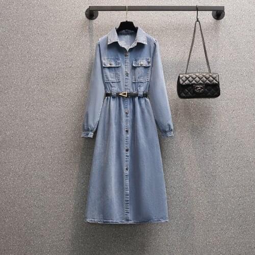4XL plus size women casual solid denim dress autumn winter 2021 long Sleeve turn down collar vintage cowboy dresses long