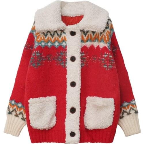 Winter Women Clothes Turn-down Collar Double Pocket Christmas Sweaters Women Colorful Tops Striped Printed Warm Female Cardigan