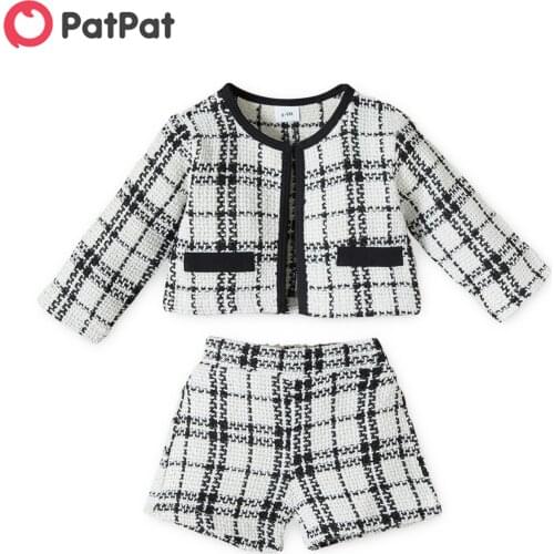 PatPat 2pcs Plaid Print Round Neck Long-sleeve White Baby Set