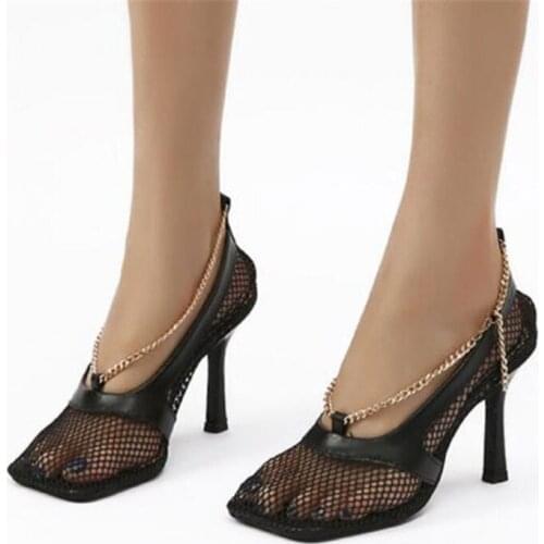 2020 New Autumn Sexy Mesh Pumps sandals Female Square Toe high heel Chain Stiletto hollow Pumps shoes 10CM