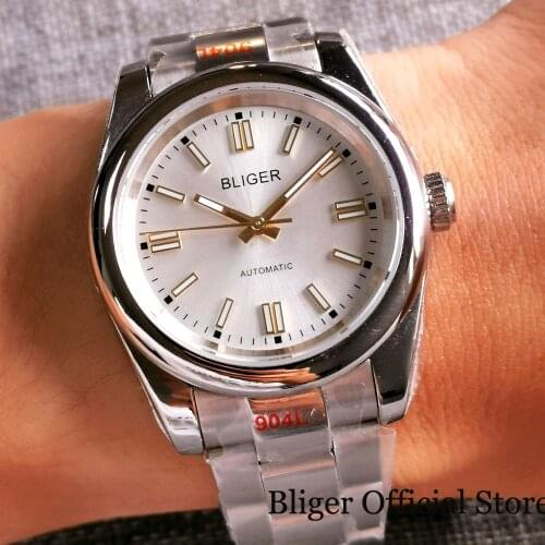 BLIGER 36MM/39MM Polish Bezel Mechancial Men Watch Gold Baton Hand Silver Dial Brushed Steel Oyster Band Screw Crown