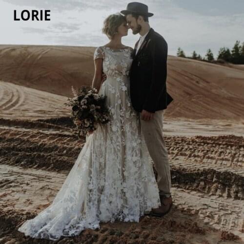 LORIE Bohemian Wedding Dresses Cap Sleeves Lace A-Line Backless Custom Made Elegant Wedding Gown Long Bride Dress 2021