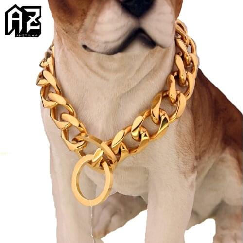 AZ 19mm Gold Color 316L Stainless Steel Pet Dog Cuban Link Chain Necklace Strong Metal Links Chain Training Collar