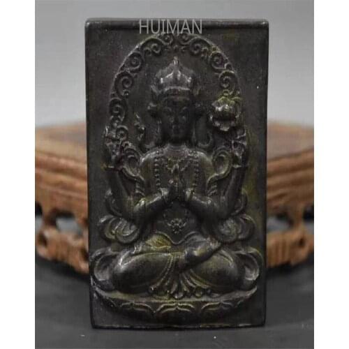 Home Decoration Hongshan Culture Archaize Black Iron Meteorite Sculpture Four Arm Guanyin Bi Pendant Statue Handicraft
