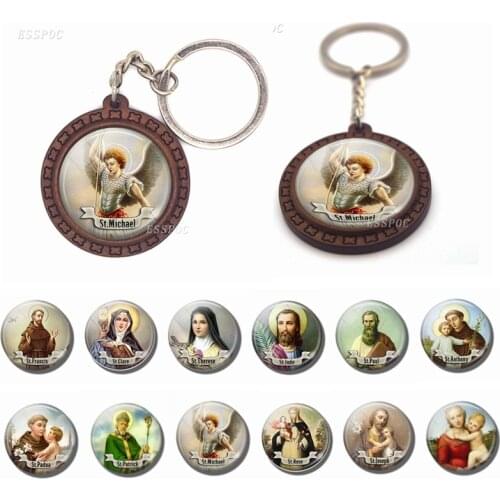 Virgin Mary Christian St Michael Clare Francis Religion Wooden Keychain Glass Cabochon Jewelry Women Men Pendant Key Chain Gift