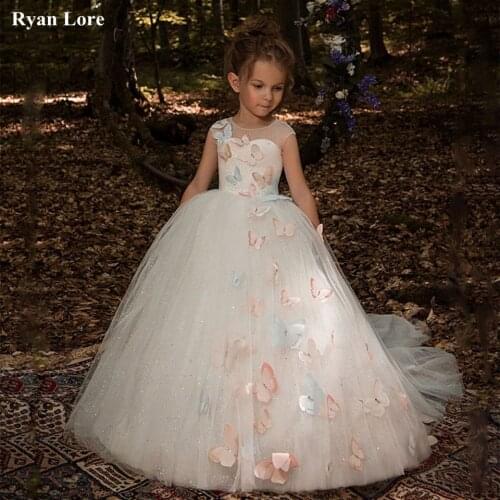 Elegant Butterfly Ball Gown Fower Girl Dresses 2020 Sleeveless Sequins Princess Dress Weddings First Communion Pageant Gowns