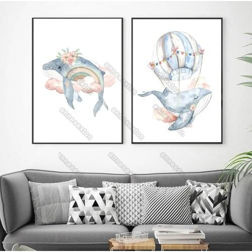 Modern Style Canvas Painting Posters Cartoon Dolphins and Hot Air Balloon Pink Cloud for Nursery Rooms Gallery Wall Decoration