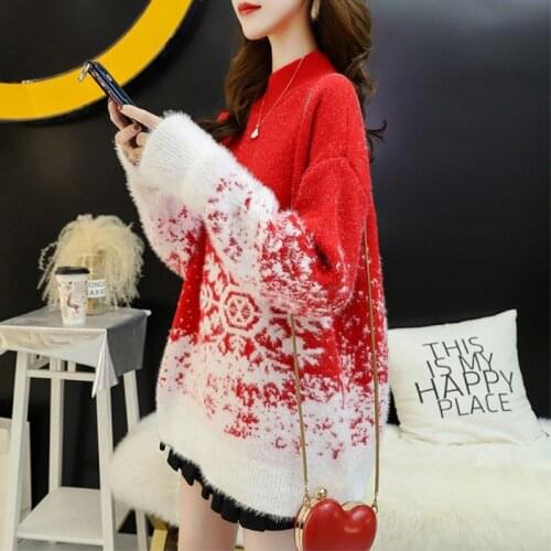 Red Christmas loose sweater pullover womens mink velvet padded students autumn and winter 2020 new