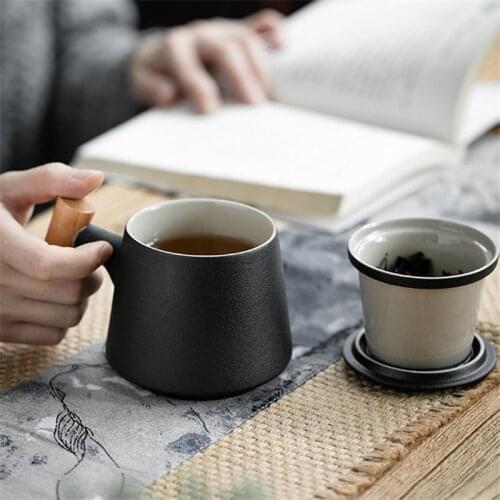Creative Ceramic Simple Tea Infuser Cup With Lid Cover Filter Wooden Handle Milk Coffee Juice Cup Tumbler Water Mugs Drinkware