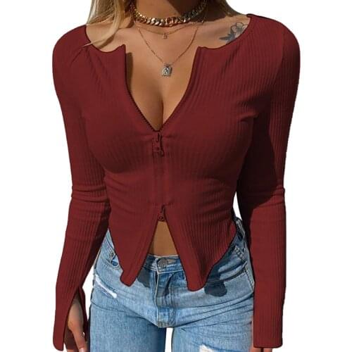 Women’s Zipper Design Ribbed Crop Top, Solid Color Tight-fitting Elastic Shirt for Party Club Casual 2020 New Hot