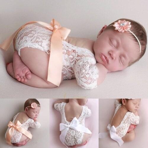 Newborn Lace Bodysuit Photo Clothing Bow lace Hair Band Set Photography Props