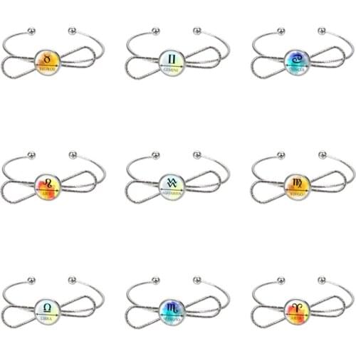 Hot beauty 12 constellations symbol glass cabochon bangle Bow style silver color/golden Cuff bracelet jewelry Gift ZB0681