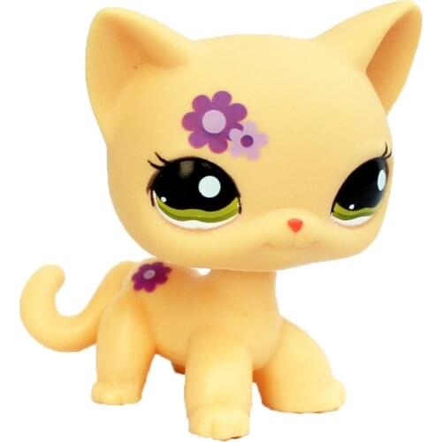 LPS CAT Rare pet shop toys standing Short Hair Cat #1962 orange kitten with purple flower cute origianl animal toys for children