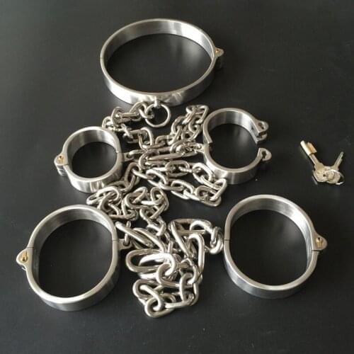 Metal restraints bdsm bondage neck collar hand ankle cuffs adult game stainless steel leg irons handcuffs for bdsm toys