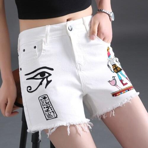Fashion Printing White Denim Shorts Women Stretch Loose Tassel Casual Shorts 2021 Summer Street Zipper Pocket Cowgirl Shorts