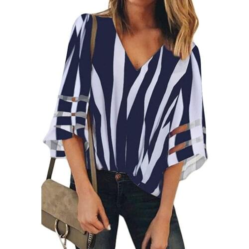 2019 Fashion Women Tops Stripe Printed Pattern Simple Style Blouse Flare Short Sleeve Loose Type V-neck Size S To XXL Shirt
