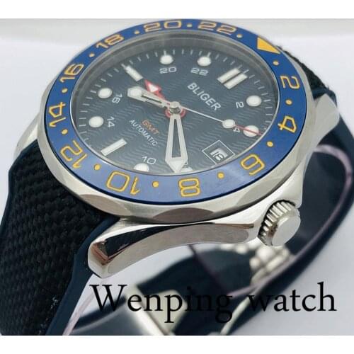 Bliger 41mm Mens Top Luxury GMT Mechanical Watch Sapphire Glass Ceramic Bezel Blue Dial Date Rubber Strap Mens Automatic Watch