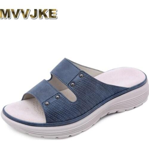MVVJKE Women Summer Low Heels Wedge Shoes Woman Light Open Toe Gladiator PU Slippers Slides Sandalias Mujer Sapato Feminino
