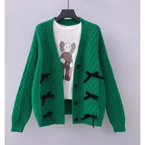 Korobov 2021 Autumn New Korean Women Cardigans Vintage Knitted Preppy Style Bow Patchwork Cardigan Sweater Women
