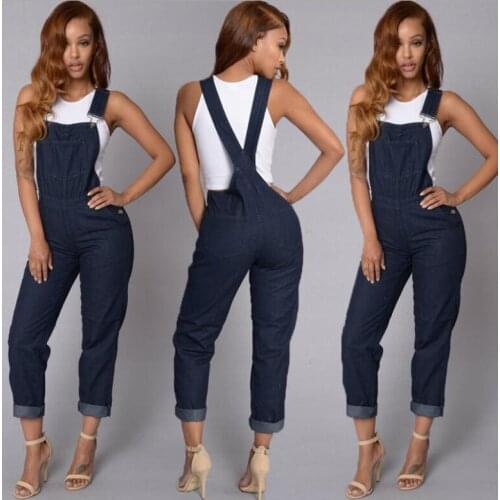 New Women Slim Denim Overalls Jeans Pants Ripped Overalls Straps Jumpsuit Rompers Trousers