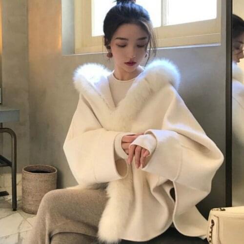 Fall Winter Faux Mink Woolen Flocking Trench Coat Fur Hooded Cape Cashmere Bat Sleeve Jacket Fur Cloak Fur Shawl Cardigan Tops