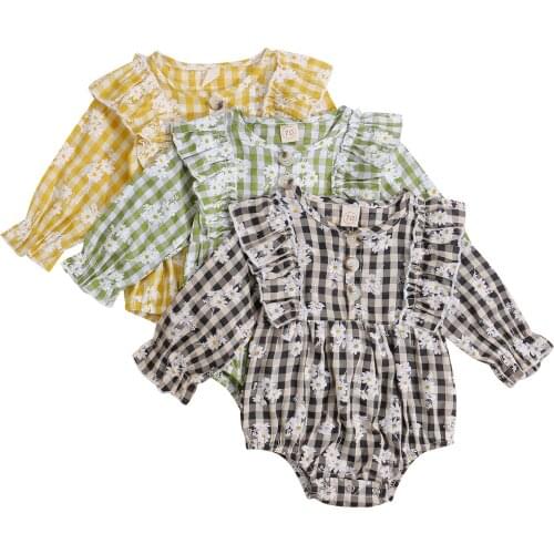 0-24 M Autumn Baby Girls Clothes Casual Long Sleeve Jumpsuits Fashion Little Daisy Plaid Printing Triangle Romper