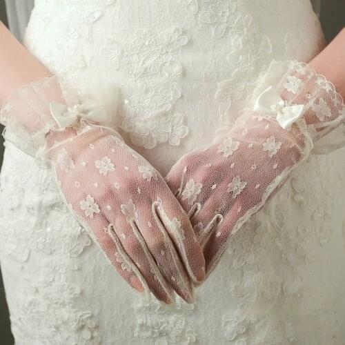 Women Lace Short Wrist Gloves Full Finger Floral Elegant Summer Lace Gloves Transparent Gauze Ruffle Party Cream White Black