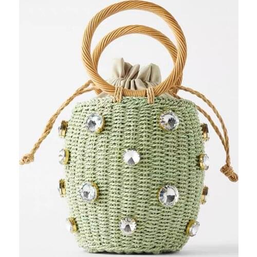 Rattan handle woven women bag 2020 New diamond Pearl straw small handbag wild style women bag ins rattan shoulder beach bag