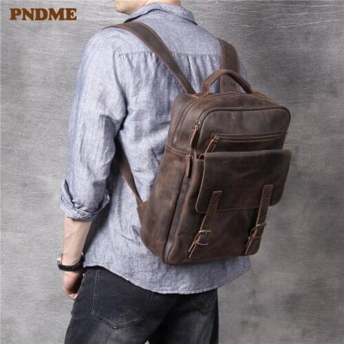 PNDME high quality crazy horse cowhide mens laptop backpack casual vintage genuine leather designer bagpack brown bookbags