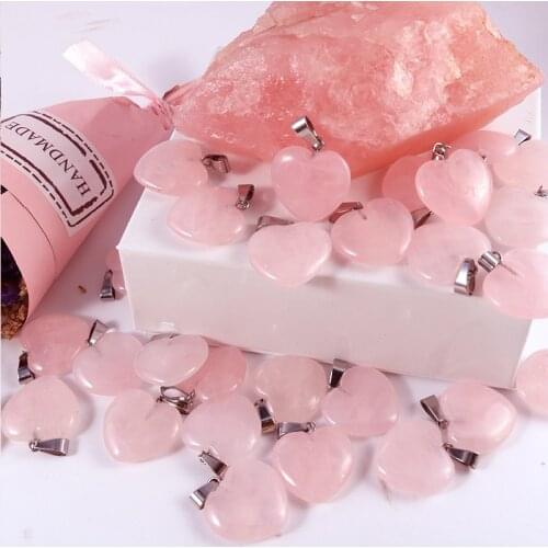 Natural Crystal Heart Pink Quartz Stone Charms Accessories 20mm Heart Shape Necklace Pendants For Jewelry Making