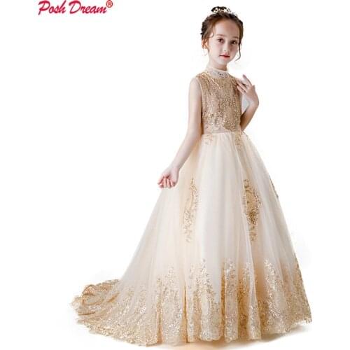 POSH DREAM Gold Champagne Flower Girl Bead Decoration Long Dress New Girl Wedding Party Exchange Dress Ball Beauty Dresses