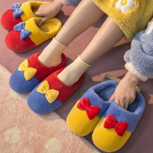 Winter Bow Cotton Slippers Womens Cute Plush Antiskid Soft Soled Shoes Indoor Casual Home Flat Slides Cute Warm Non-slip Shoes