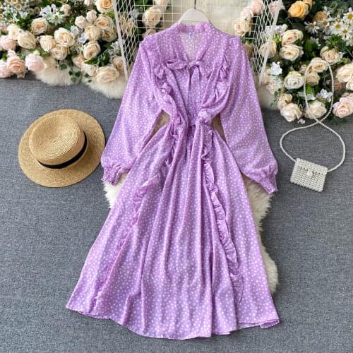 SINGRAIN French Chiffon Floral Dress Women Sweet Long Puff Sleeve Bow Lace up Dress Autumn Vacation A-line Bohemian Print Dress