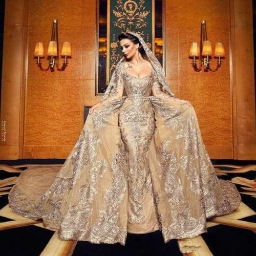 New Designer Champagne Wedding Dresses With Detachable Train Long Sleeve Lace Beads Bridal Gowns Scoop Neck robe de mariée