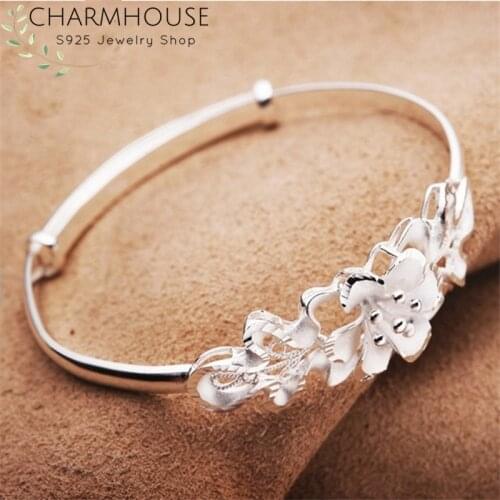 Solid 925 Silver Bangles & Bracelets For Women Flower Cuff Bangles Adjustable Wristband Pulseira Wedding Jewelry Accesories