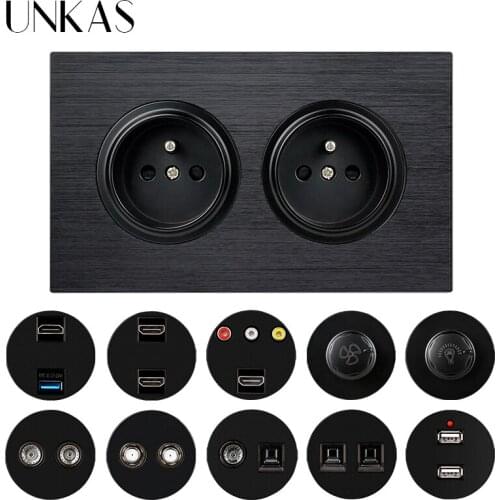 UNKAS Dual French Black Aluminum Panel Socket + HDMI-Compatible USB TV RJ11 Telephone RJ45 Computer Dimmer Fan Regulator Switch
