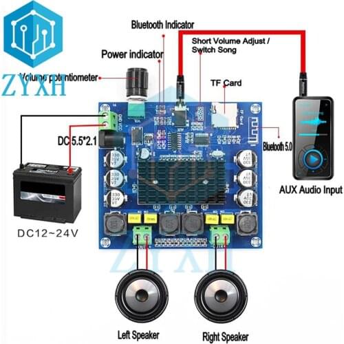 XH-A314 TPA3116D2 Bluetooth 5.0 Amplifier Board 100W*2 Power Stereo Audio AMP DC 12-24V Support TF Card 3.5mm AUX Volume Control