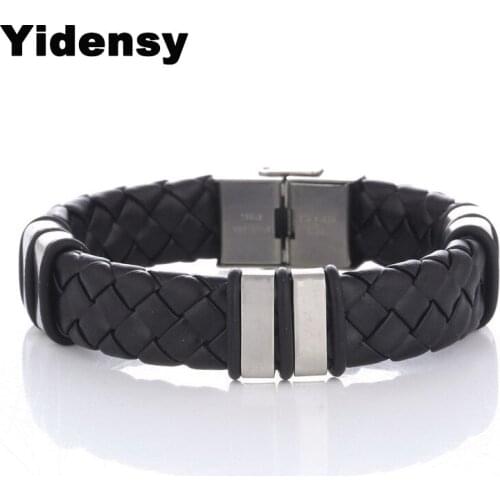 Yidensy Fashion Men Male Charms Bracelets Stainless Steel Wide Braided Leather Cord Ropes Bracelt Bangles Friendship Jewelry