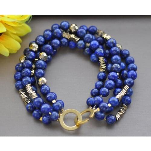 Z10228 5Row 8" 8mm Natural Round lapis lazuli Gold Hematite Bracelet