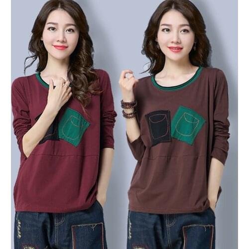 2020 Summer Spring Womens New Large Size Embroidered Long-Sleeved T-shirt Womens Loose Bottoming Shirt