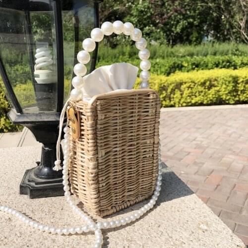 Womens Woven Straw Bags Retro Pearl Chain Shoulder Crossbody Bag Ladies Bohemia Beach Bag Rattan Handmade Weaving Handbag&Purse