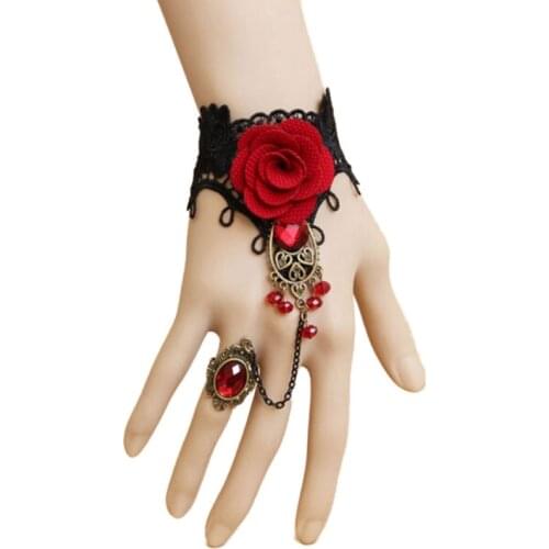 Women Retro Metal Bracelets Lace Red Rose Gloves Floral Women Mittens Fashion Jewelry Bracelets 8