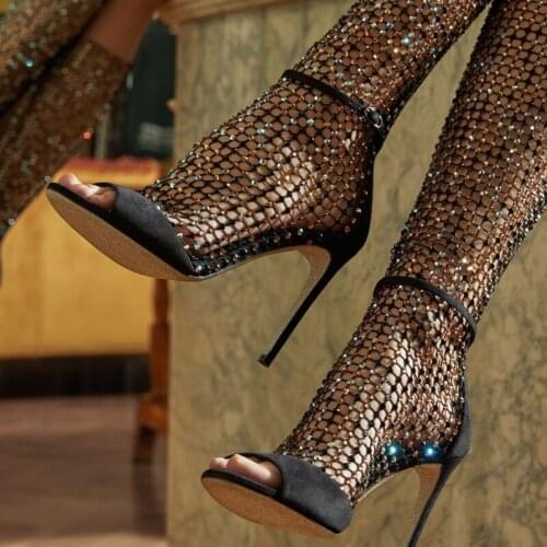 2020 Roman Sandals Female Stiletto Fish Mouth Shoes All-Match High Heels Rhinestone Hollow Sexy Sandal Boots Crystal Bling Bling