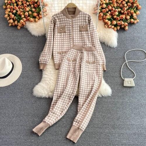YIZZHOY Women Spring Autumn High Waist Long Pants Two Piece Suits+Winter Retro Plaid Casual Set Long Sleeve Zipper Outerwear