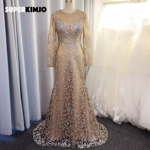 SuperKimJo Champagne Evening Dresses Long Sleeve Mermaid Sparkle Elegant Sexy Formal Dress Evening Gown Abiye Gece Elbisesi